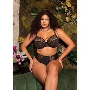 Elomi Women's 36J Jet Black Leopard Namrah Bandless Plunge Bra Underwire G28-12